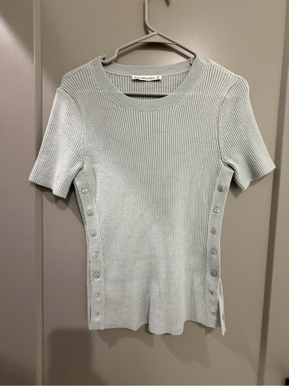 Abercrombie & Fitch Sage Green Ribbed Short-Sleeve Top with Side Buttons